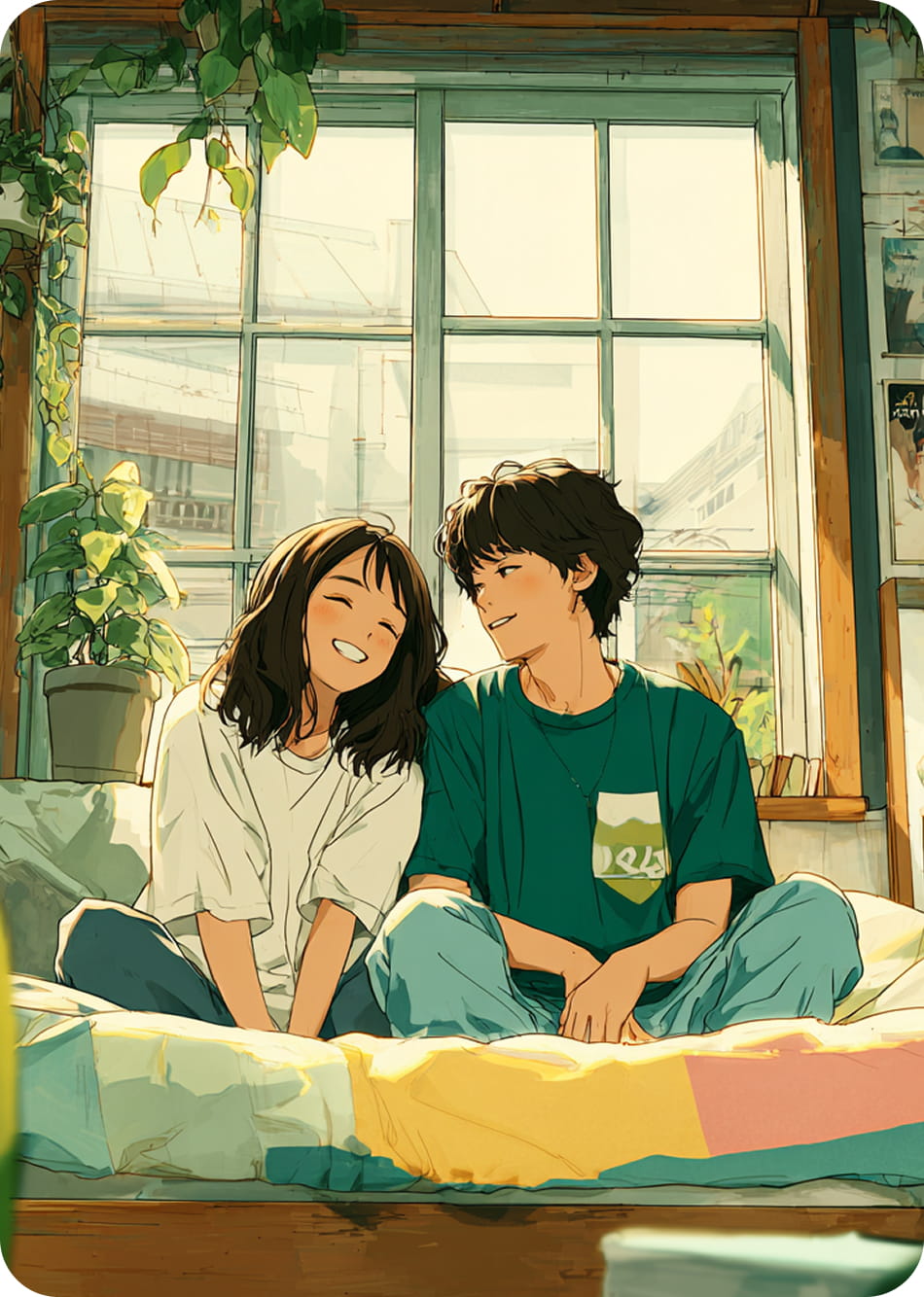 窓辺で寄り添う笑顔の男女のイラスト