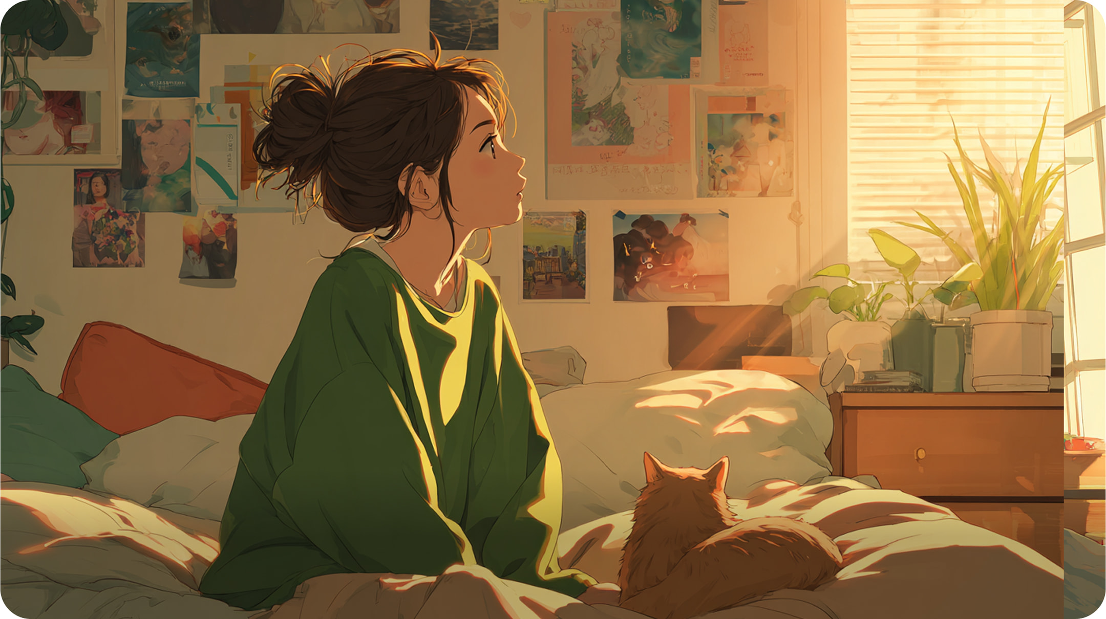 窓辺で佇む女性と猫のイラスト